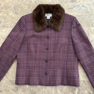 Vintage 1970s Pendleton Plaid Wool Jacket Fur Collar Women’s 12 Made USA